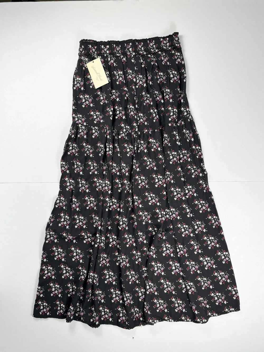 Universal Thread Black Floral Tiered Maxi Skirt with Pink and White Blooms